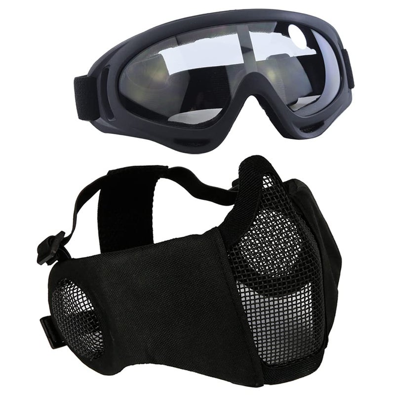 AOUTACC Airsoft Protective Gear Set, Half Face Mesh Mask with Ear Protection and Tactical Goggles for Kid Adult Men Women BBS Paintball Shooting CS Survival Games Cosplay (Black) - Image 1